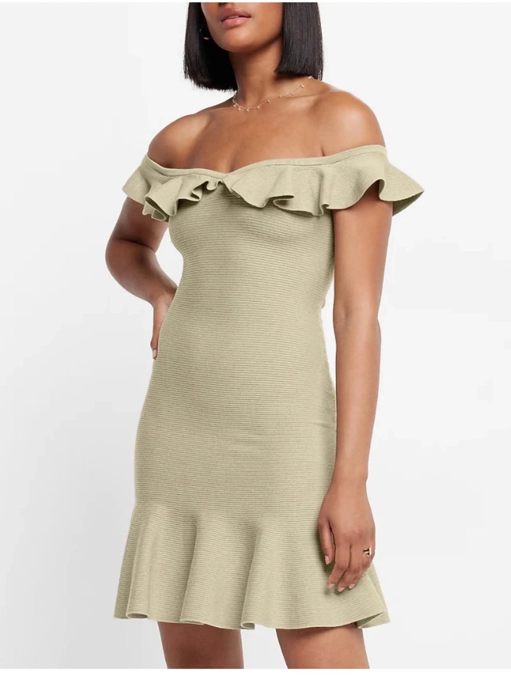 Express One-Shoulder Ruffle Knit Dress in Sage